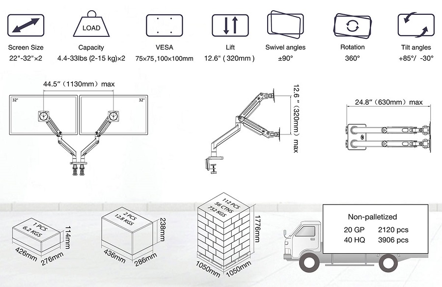 Bảng thông số kỹ thuật chi tiết của giá đỡ 2 màn hình PC NB G35