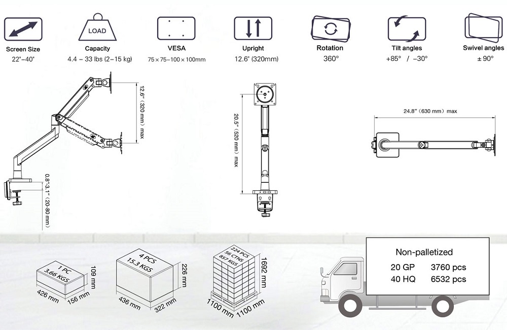 Thông số kỹ thuật của tay nâng màn hình máy tính NB G40