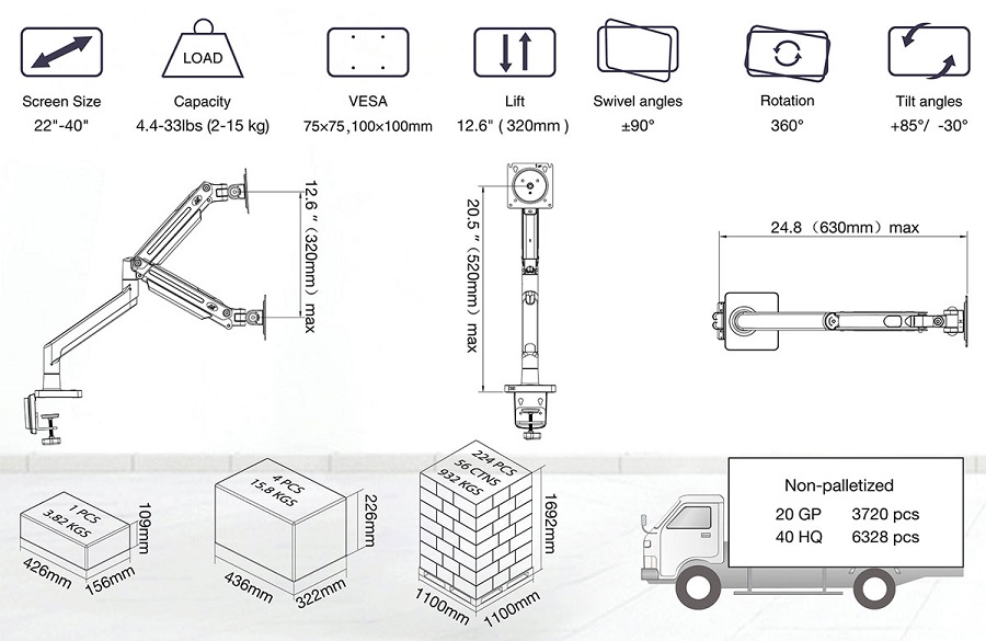 Bảng thông số kỹ thuật chi tiết của tay nâng màn hình NB G45 22 - 40 inch