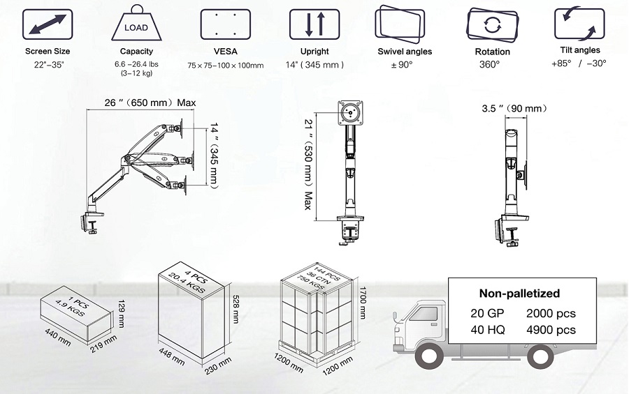 Bảng thông số kỹ thuật chi tiết của giá đỡ màn hình máy tính NB G70