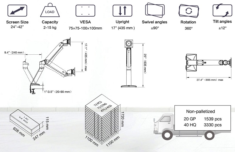 Thông số kỹ thuật chi tiết của Giá treo màn hình máy tính North Bayou NB45 24 - 42 inch