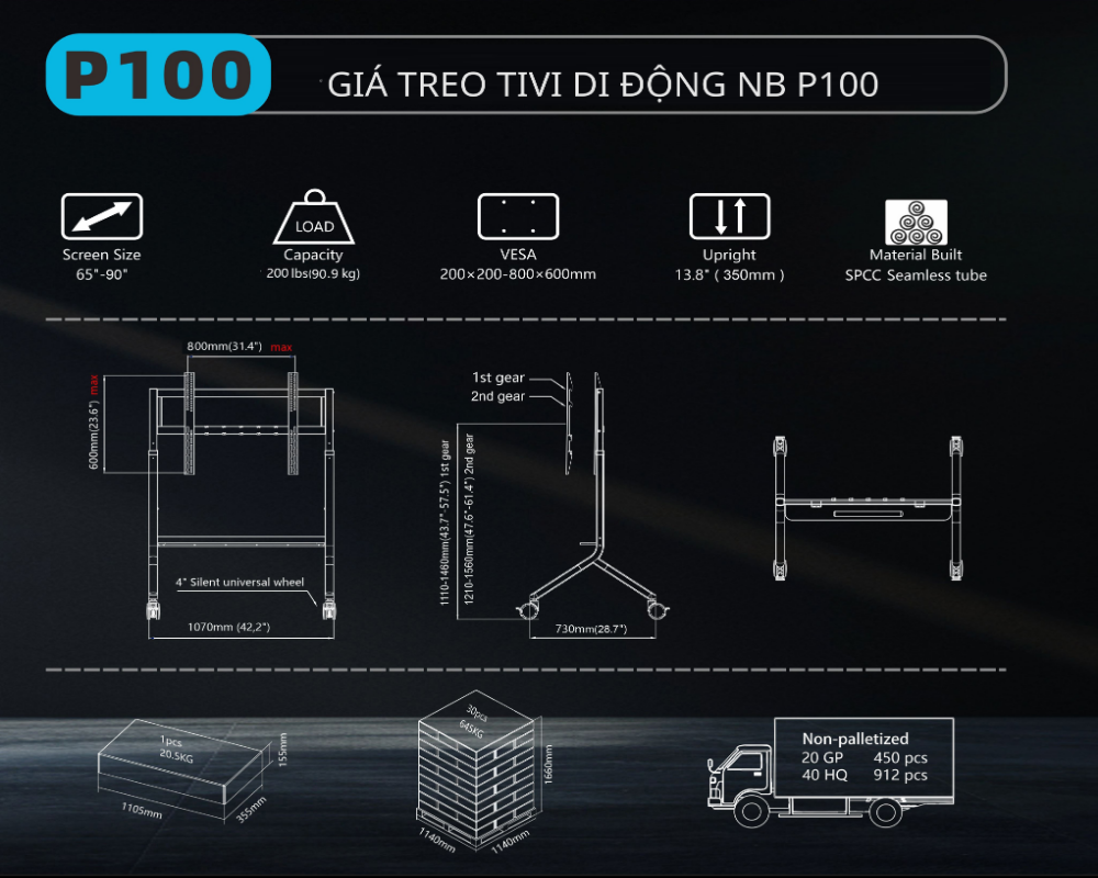 Bảng thông số kỹ thuật khung treo tivi di động NB P100