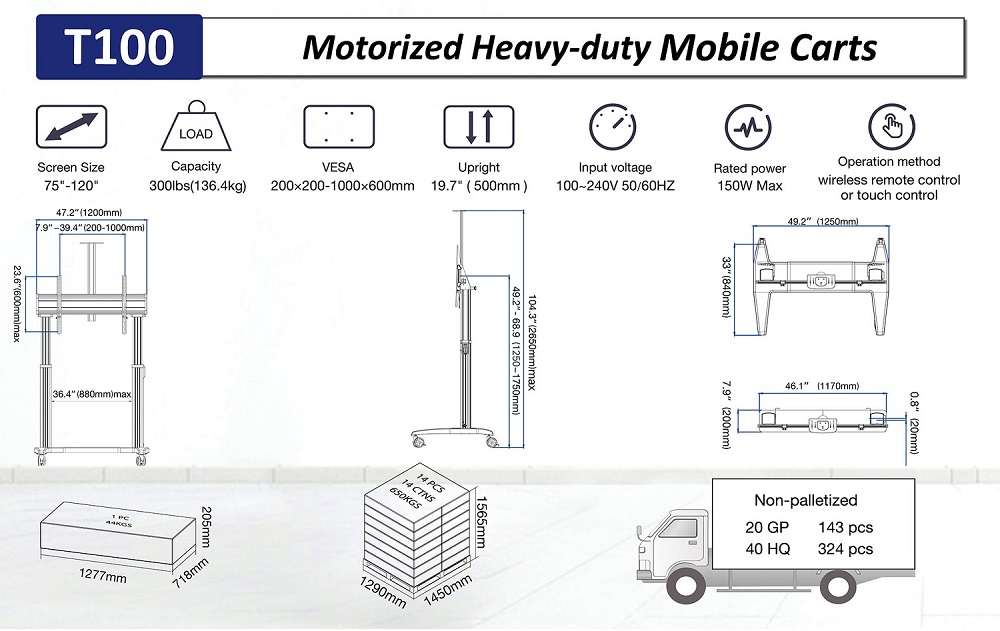 Thông số kỹ thuật chi tiết của khung treo tivi di động NB T100