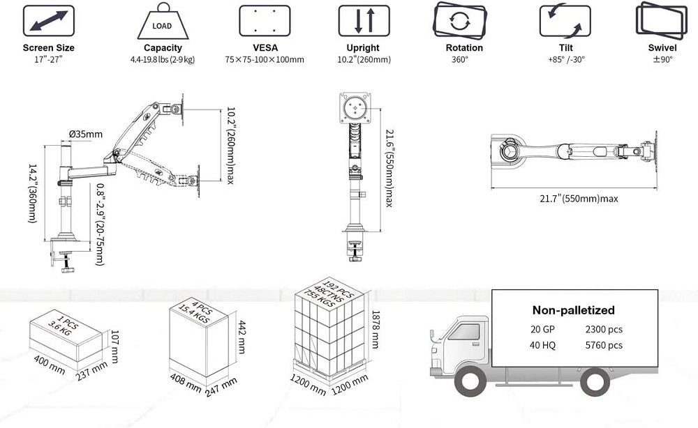 Thông số kỹ thuật của giá đỡ màn hình máy tính NB H80