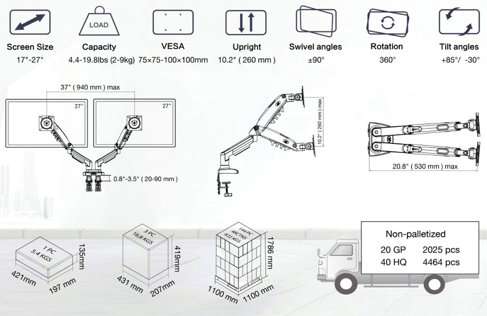 Thông số kỹ thuật của giá đỡ hai màn hình máy tính NB F160